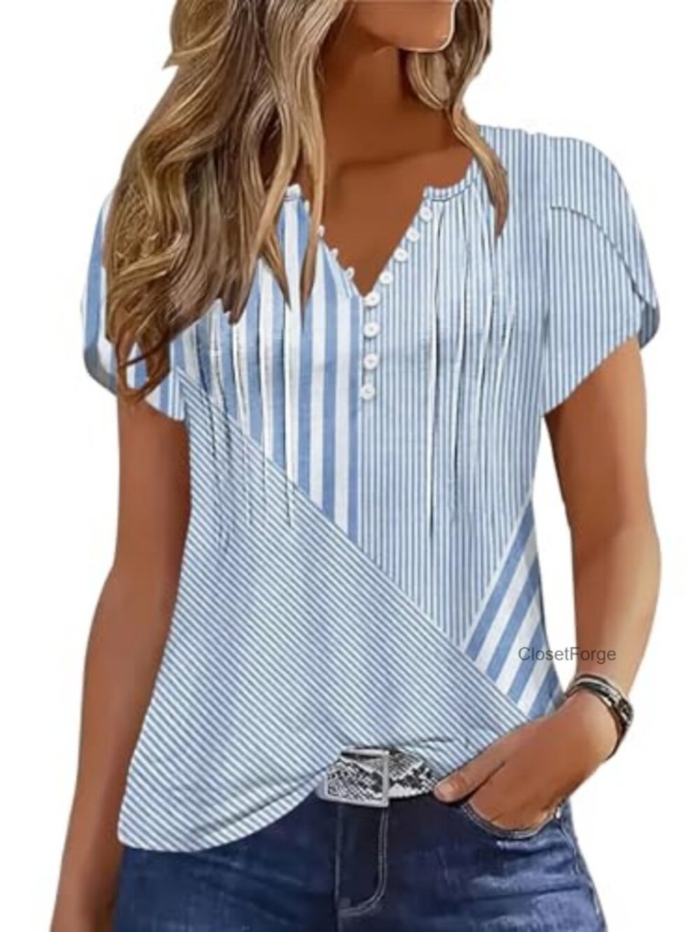 Closet Light Blue & White Striped V-Neck Tunic